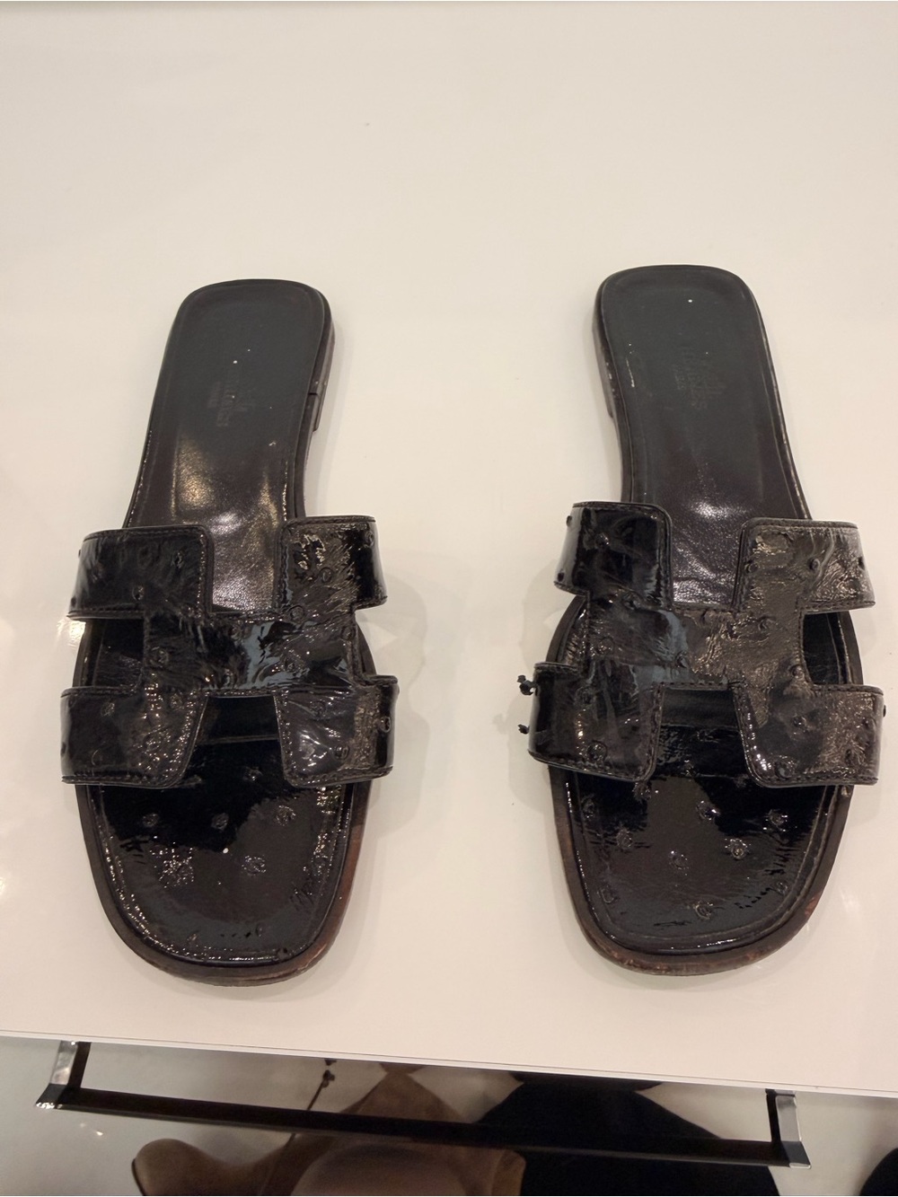 Hermes Black Patent Oran Slide Sandals for Women